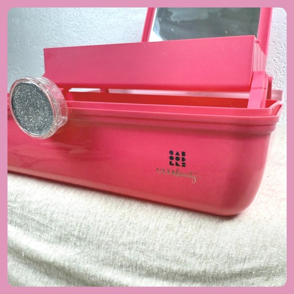 ULTA Beauty Pink Glitter Train Case Makeup Cosmetic Organizer Mirror Handle - Picture 6 of 8